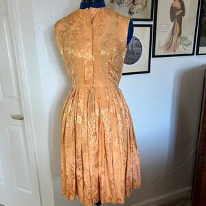 Vintage 1960s Miss Serbin Peach Silk Shirt-Waist Dress Pleated Full Skirt